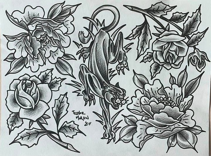 Flash sheet of roses, panther and peony by Trevor Moran